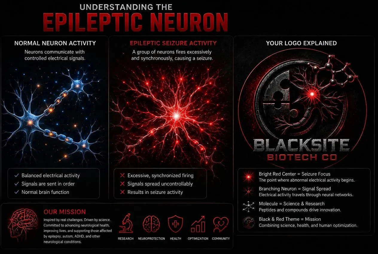 Chart explaining normal neuron activity versus epileptic seizure activity, and the meaning behind the Blacksite Biotech Co. logo