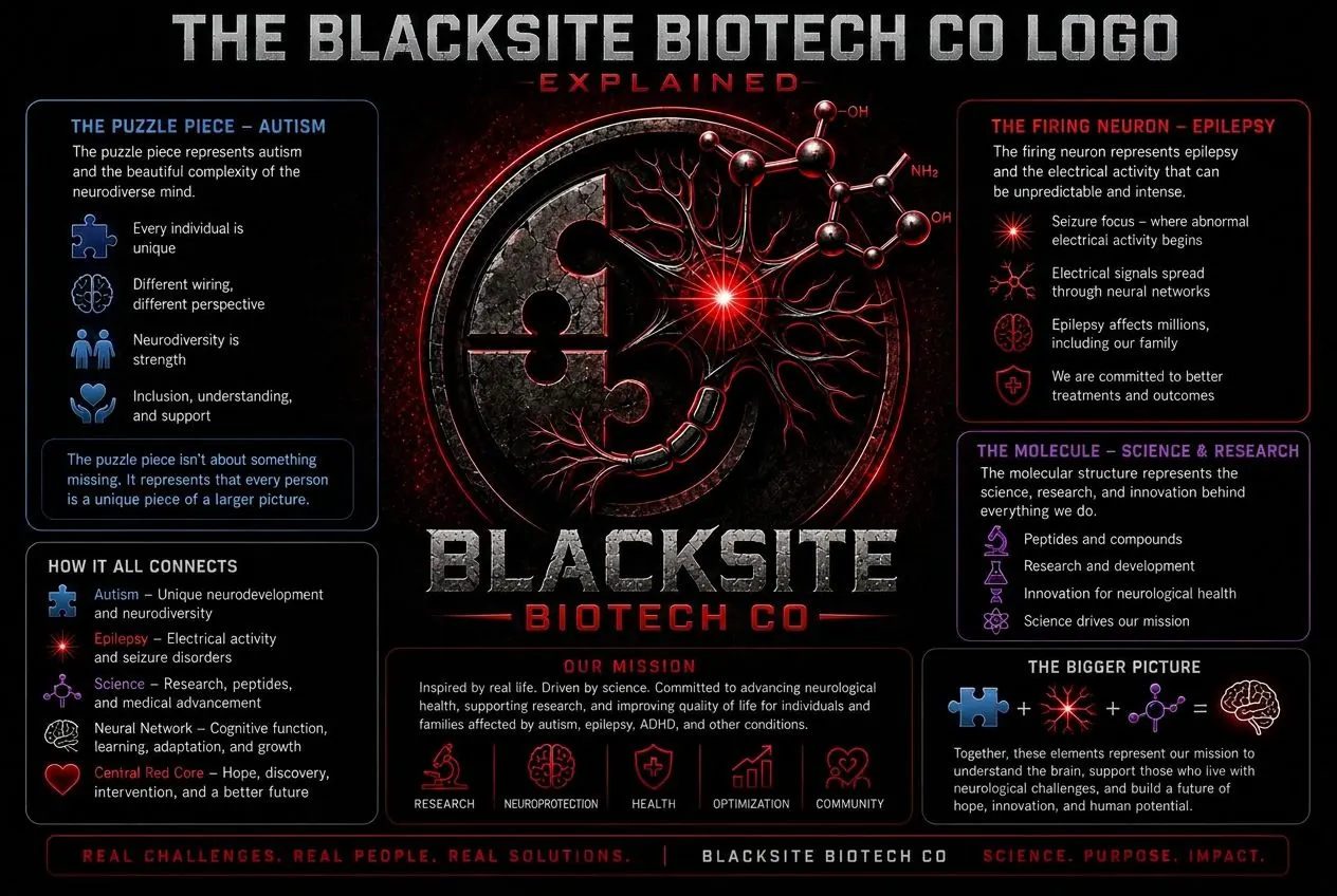 The Blacksite Biotech Co. logo explained — puzzle piece for autism, firing neuron for epilepsy, molecule for science and research